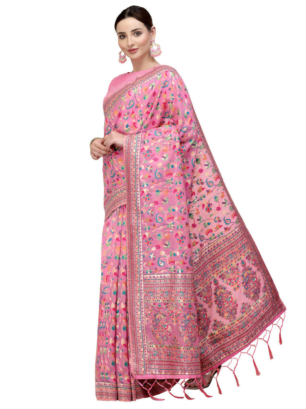 Pink Silk Blend Woven Design Saree With Unstitched Blouse Piece - Aloki