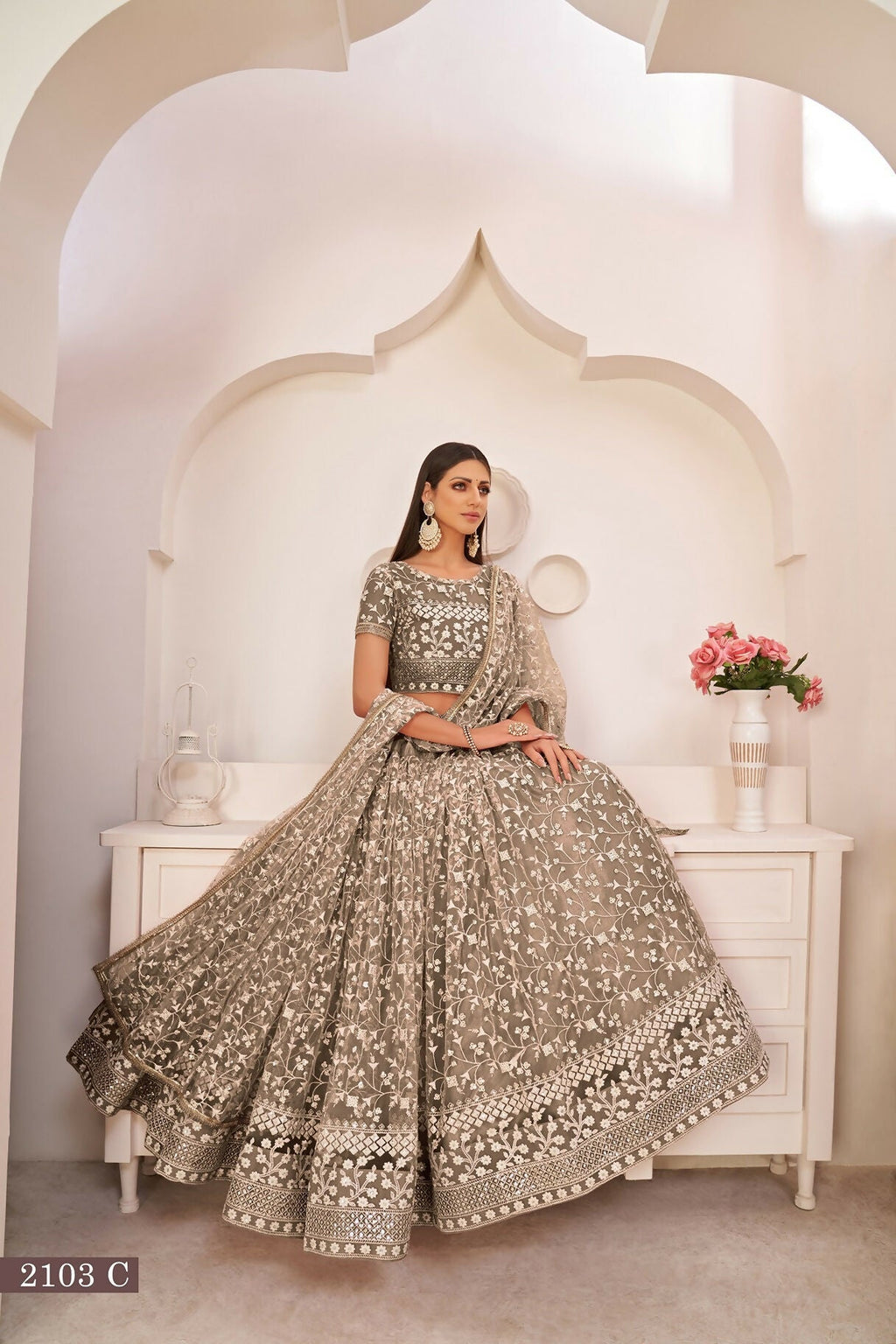Eilara Chocolate Brown Net White Thread Zari Sequence Embroidered Work Lehenga Choli