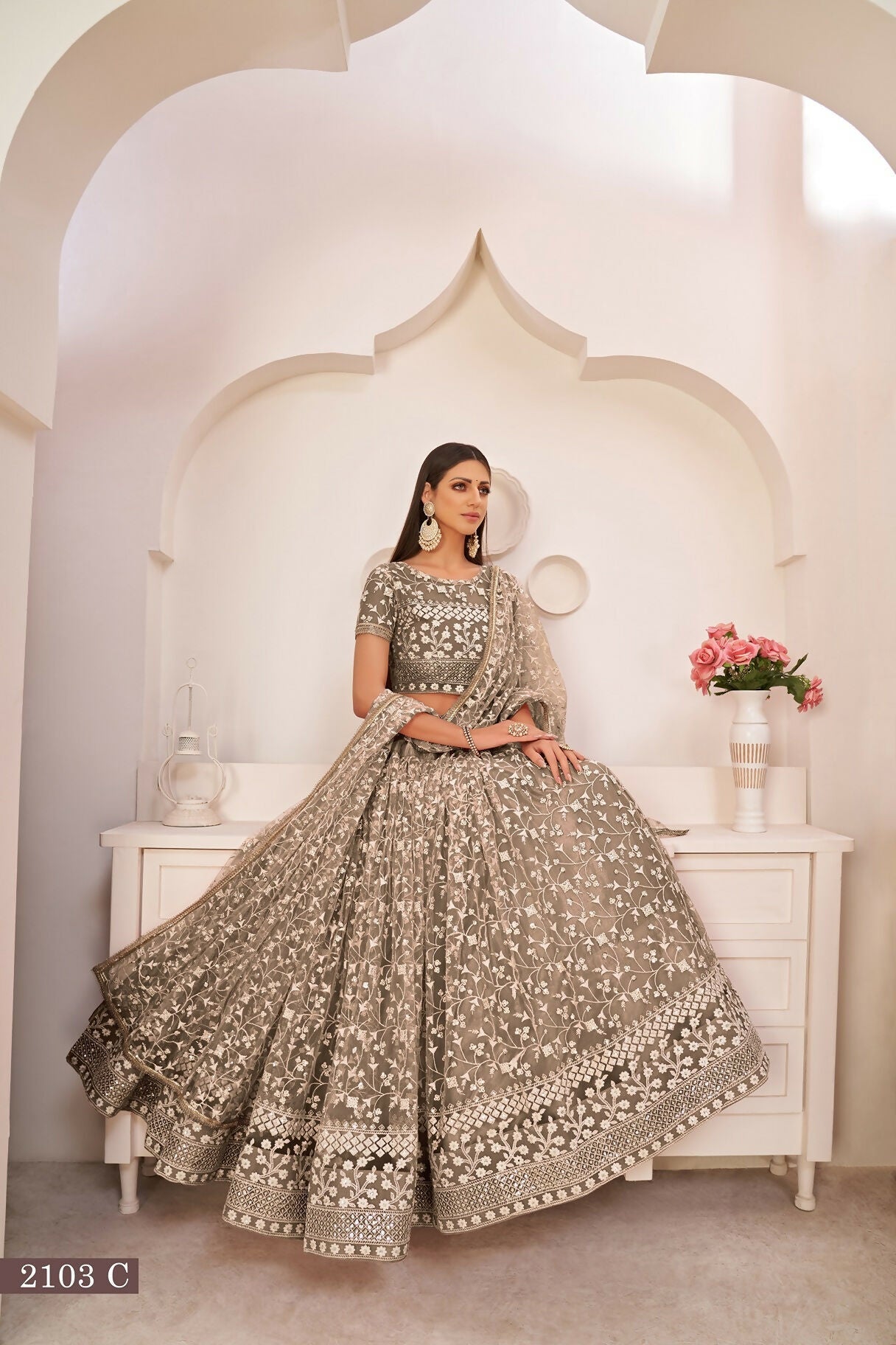 Eilara Chocolate Brown Net White Thread Zari Sequence Embroidered Work Lehenga Choli