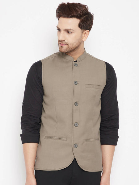 Even Apparels Beige Merino Men Woven Nehru Jacket