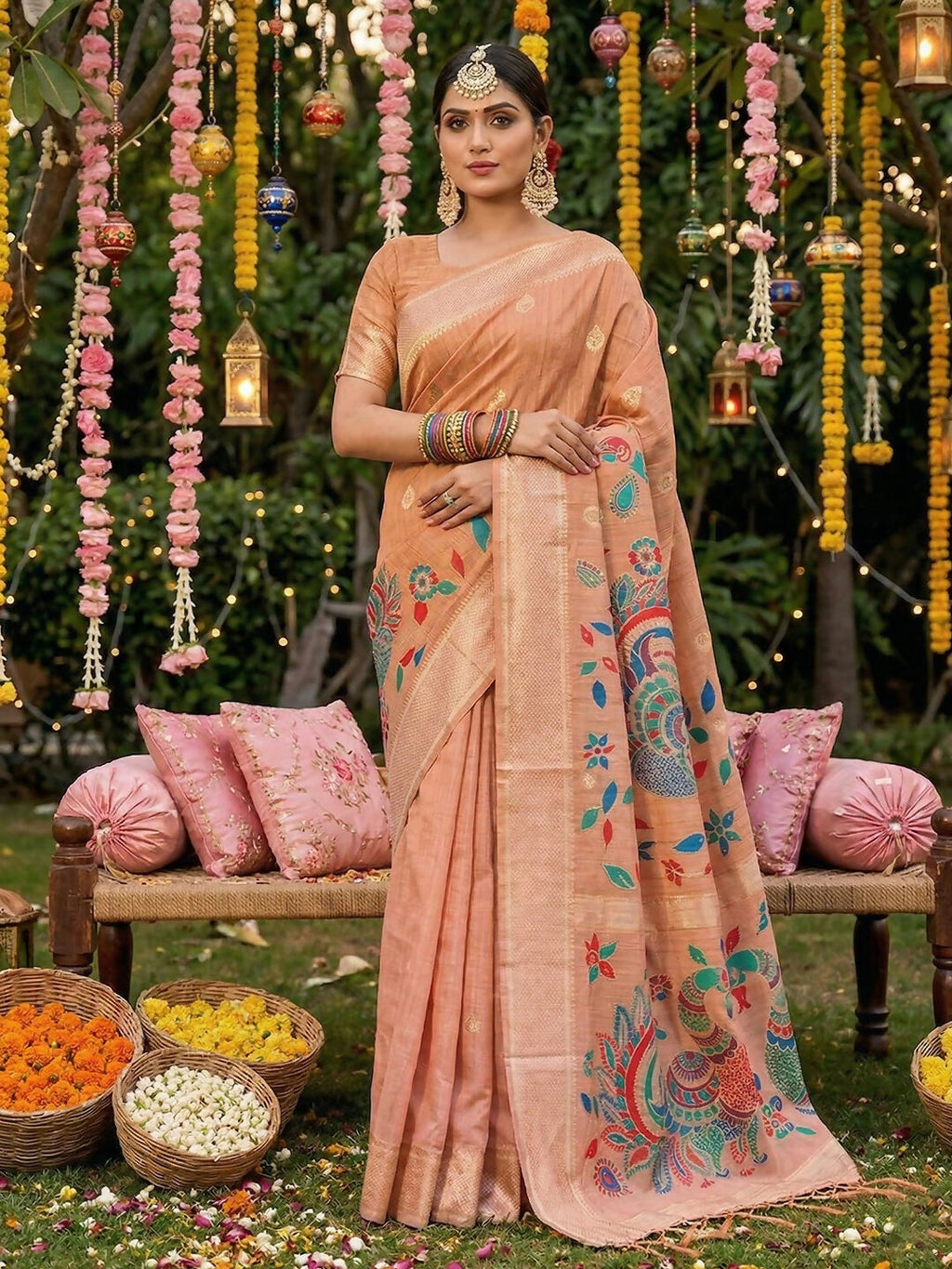 Shree Shyam Fashion Peach Linen Cotton Saree - Distacart