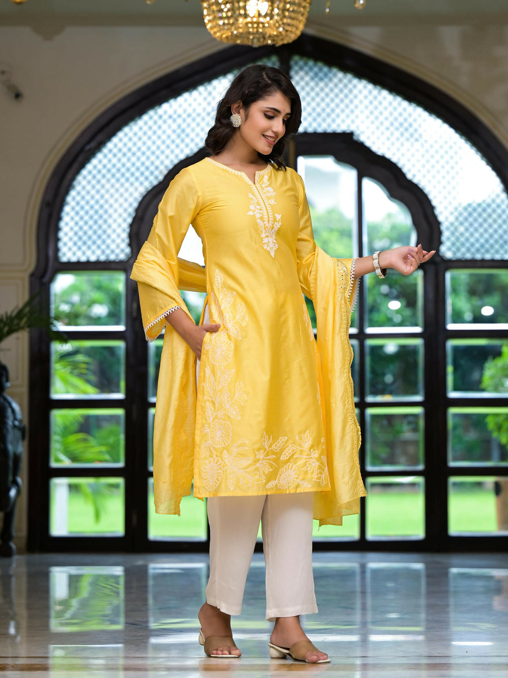 Juniper Women's Yellow Thread Embroidered Viscose Kurta Palazzo And Dupatta Set With Thread & Mirror Work