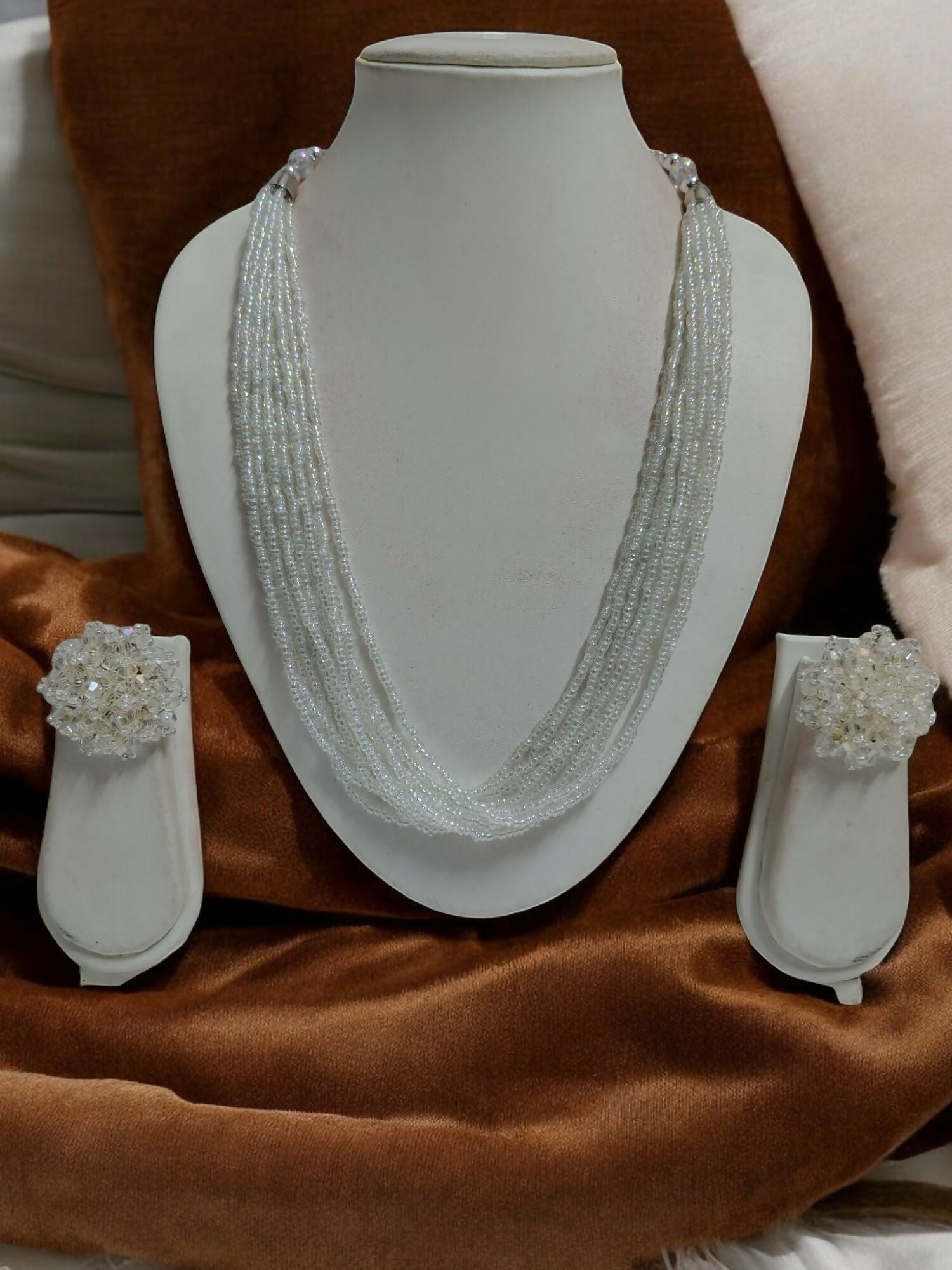 Inhanns Bloom Handmade Beaded Necklace With Earrings - 12 Layers - Ivory