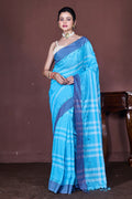Morchari Blue Cotton Handloom Mirror Work Saree Unstitched Blouse - Distacart