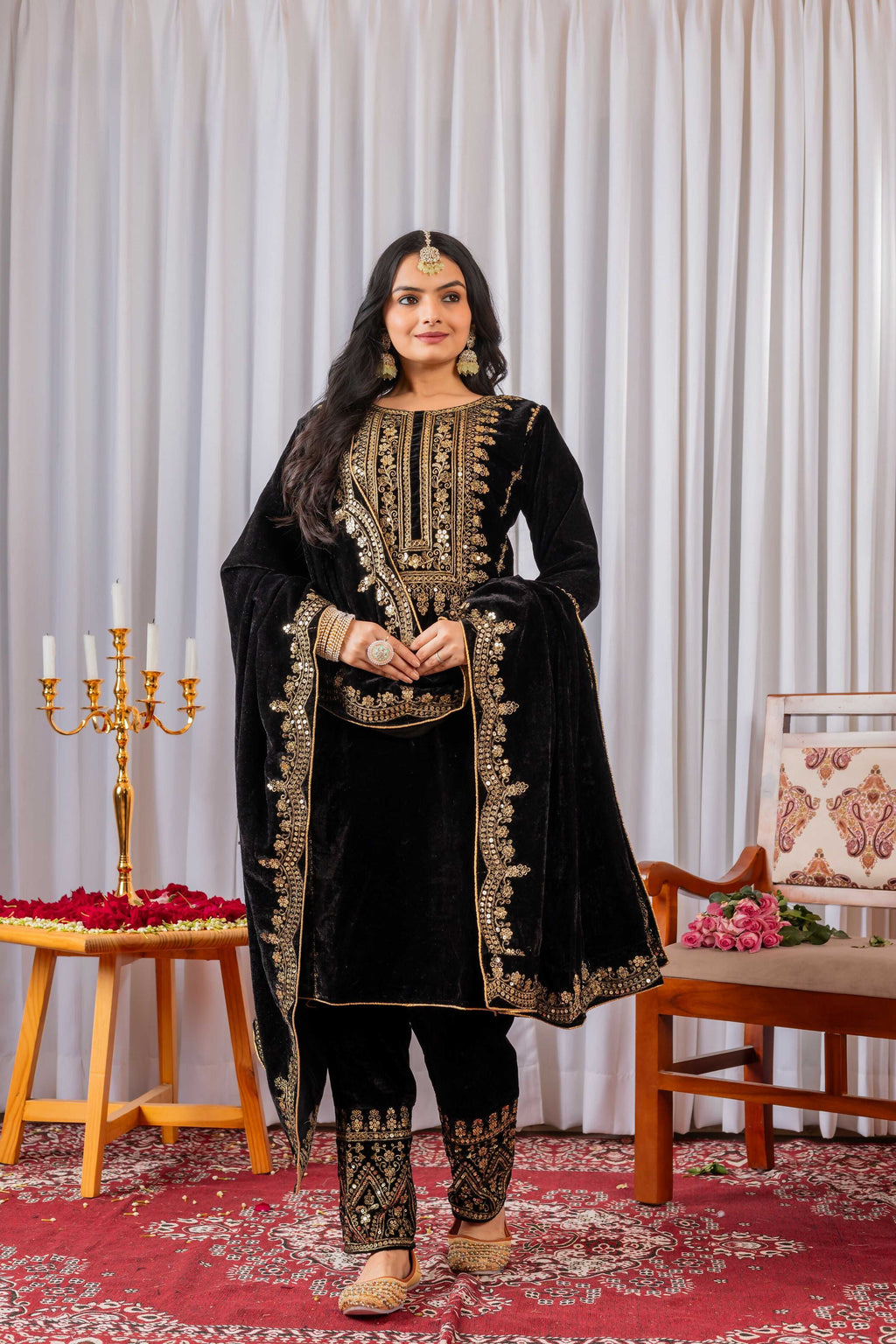 Teeya Creation Black Color Velvet Designer Embroidery Work party Wear Suit - Distacart