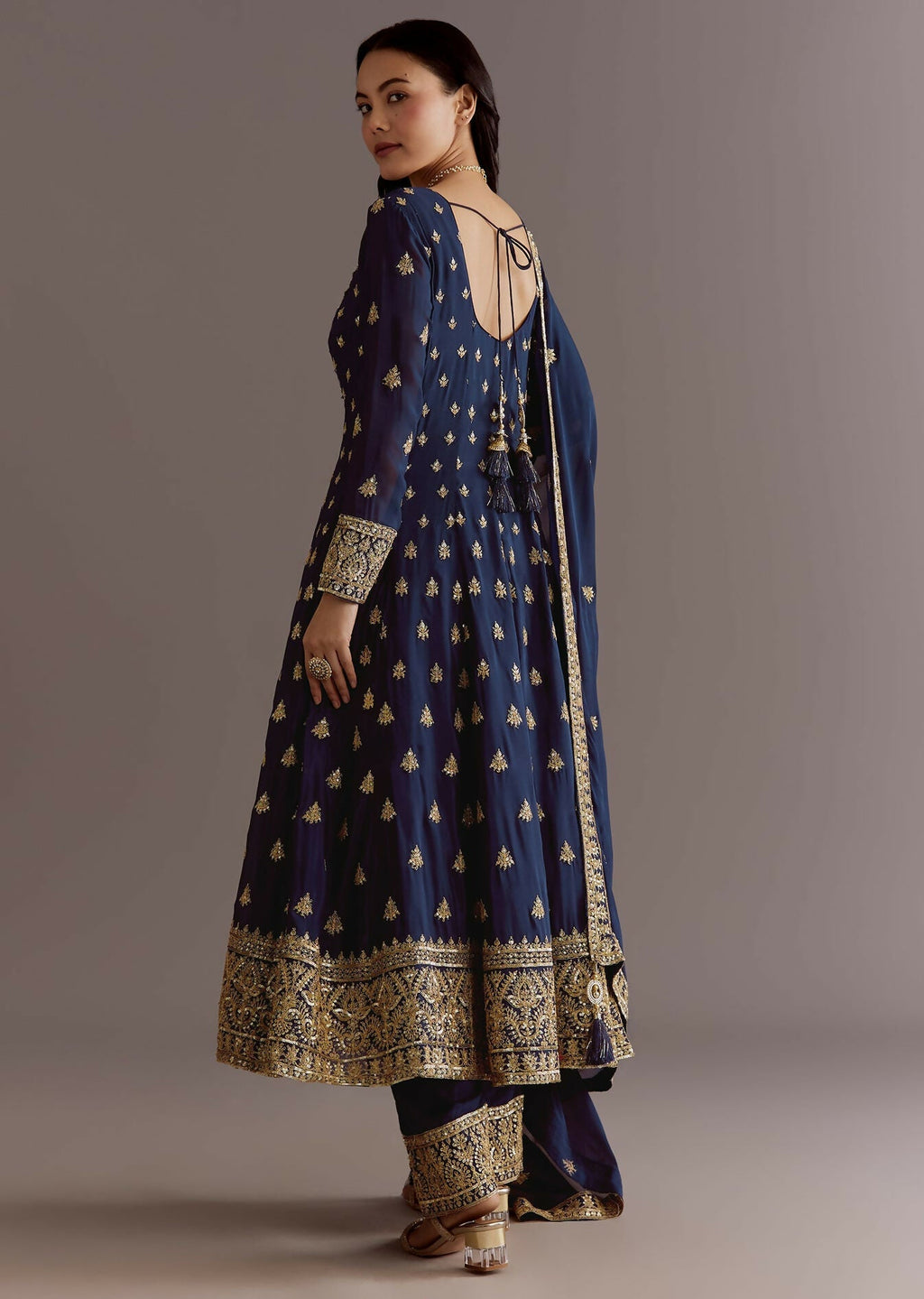 Teeya Creation Blue Color Chinnon Silk Embroidery Work Gown - Distacart