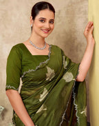 Joban Fashion Olive Green & Golden Silk Blend Embroidery Saree - Distacart