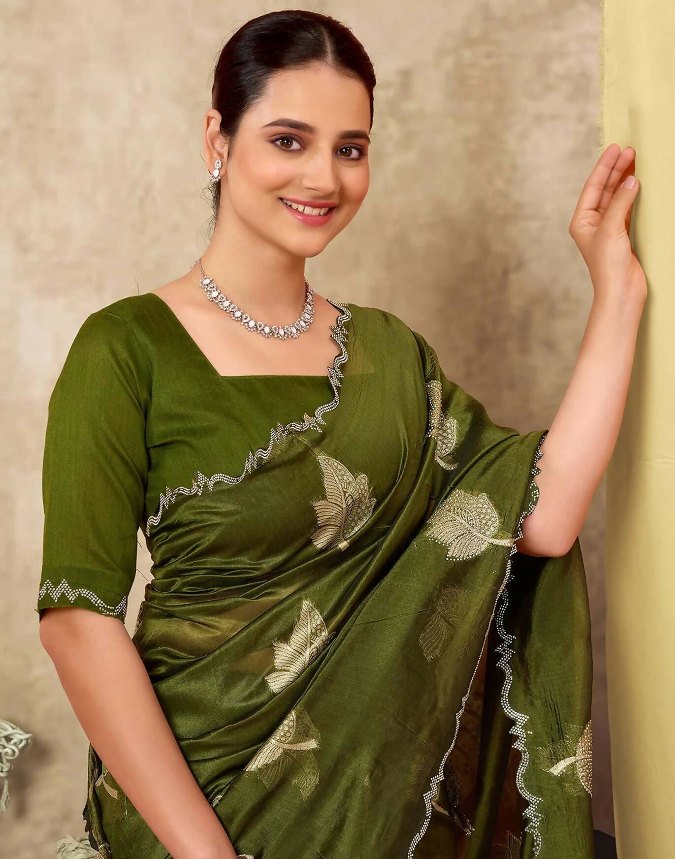Joban Fashion Olive Green & Golden Silk Blend Embroidery Saree - Distacart