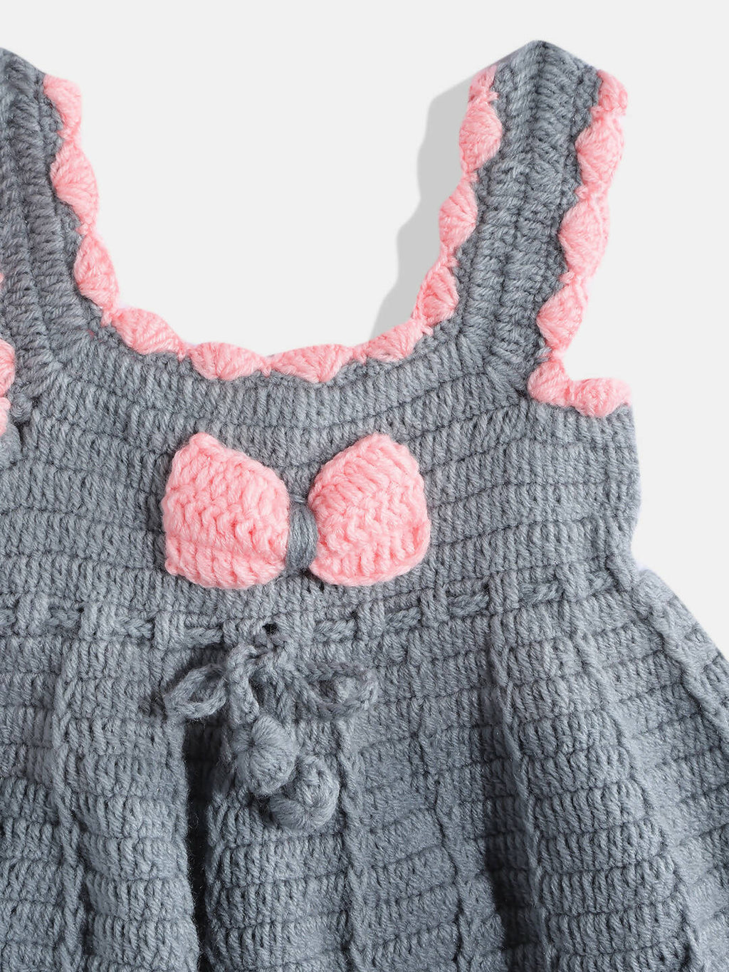 Chutput Kids Woollen Hand Knitted Sleeveless Bow Detail Dress For Baby Girls - Grey
