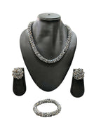 Inhanns Complete Look Crystal Statement 3-Piece Set (Adjustable Necklace + Earrings + Adjustable Bangle ) - Silver