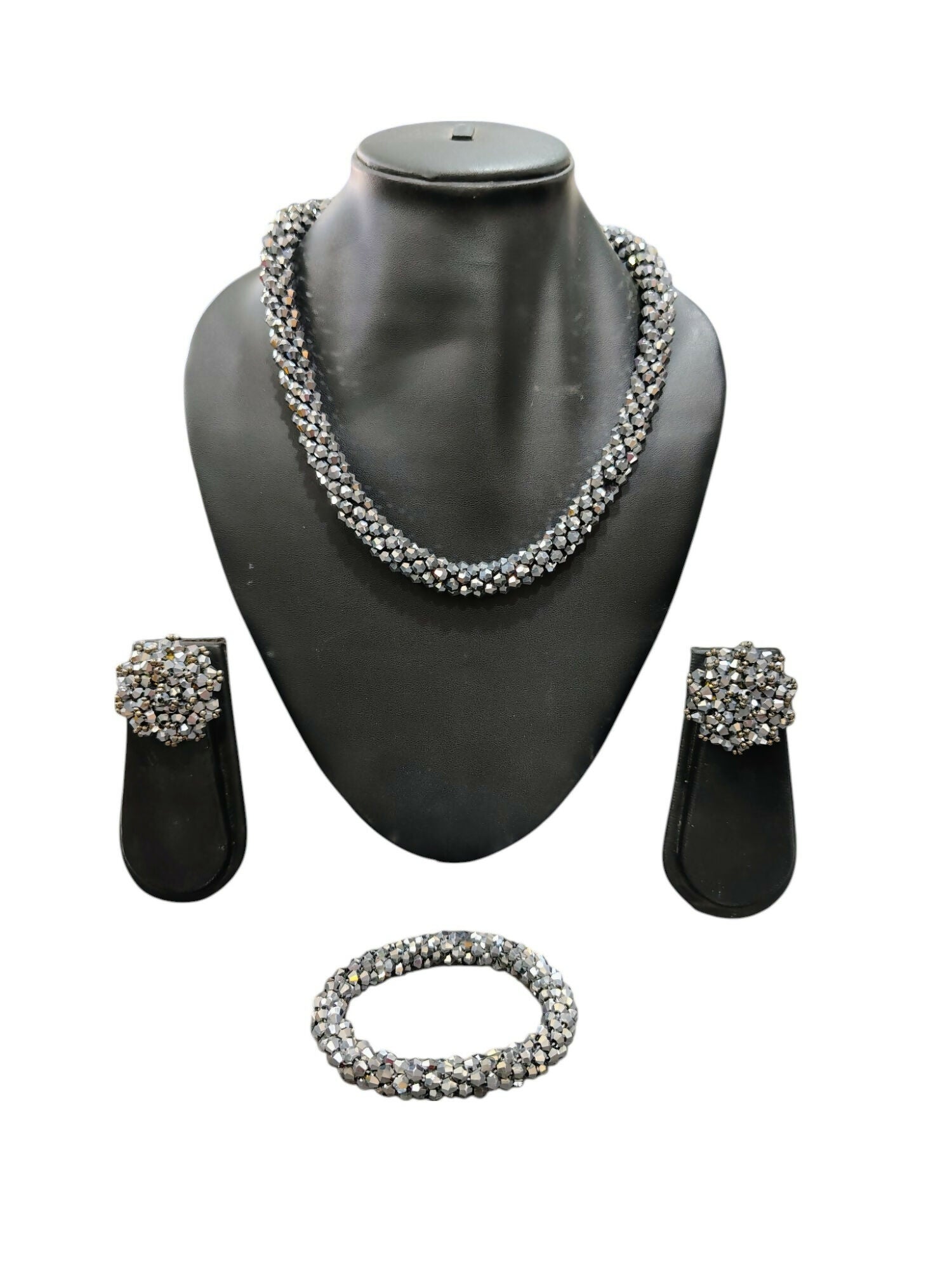Inhanns Complete Look Crystal Statement 3-Piece Set (Adjustable Necklace + Earrings + Adjustable Bangle ) - Silver