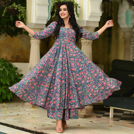 PartyWear Designer Blue and Pink Pure Maslin Palazzo Suit - Anbazaar