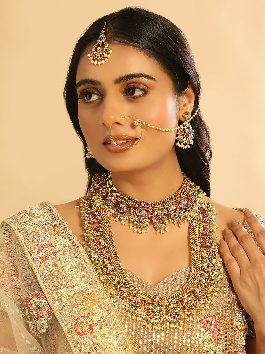 Nuyug 18K Gold Plated Estele Gold Tone Beaded Long Necklace Set