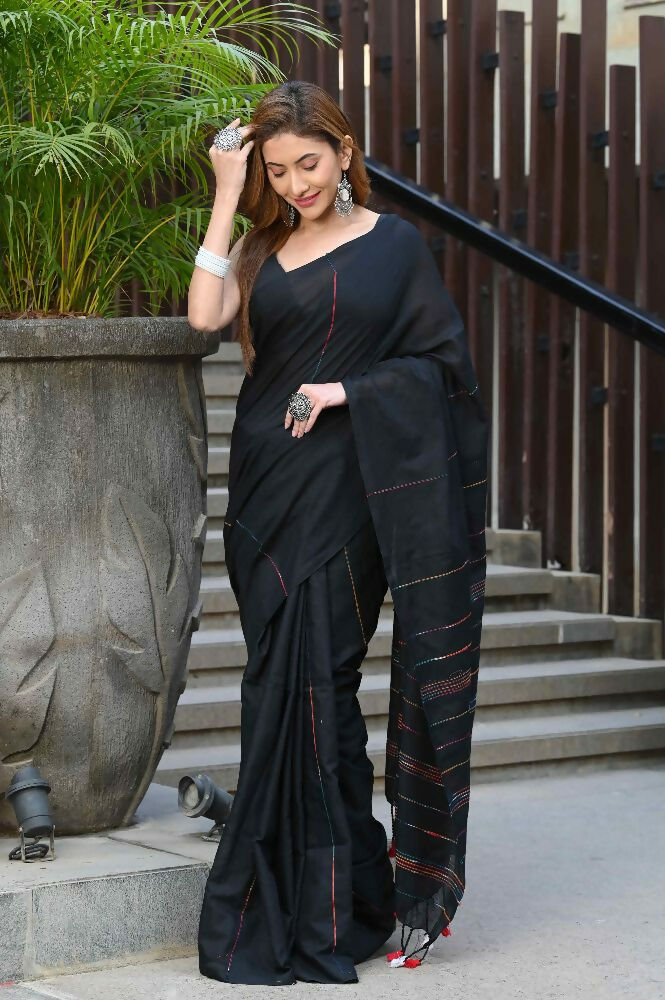 Beatitude Black Khadi Ghicha Stripes Saree