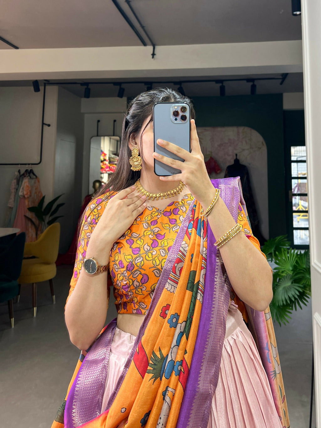 Vastranavya Kalamkari Print With Weaving Border Lehenga with Unstitched Blouse - Purple