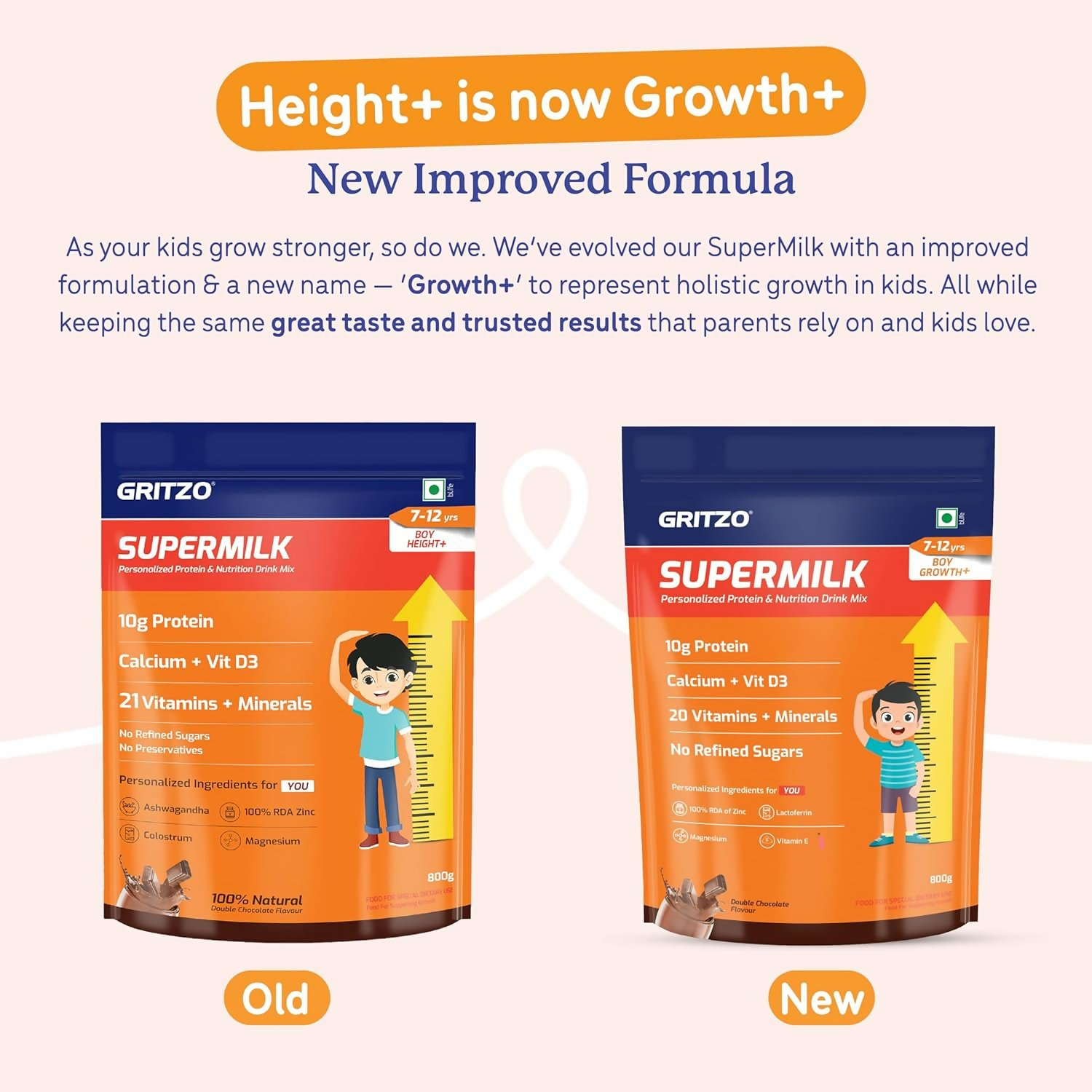 Gritzo SuperMilk Growth+ (Formerly Height+) (7-12y Boys) - Double Chocolate, with Super Gummies - Strawberry