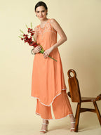 Myshka Women's Peach Embroidered Kurta With Palazzo