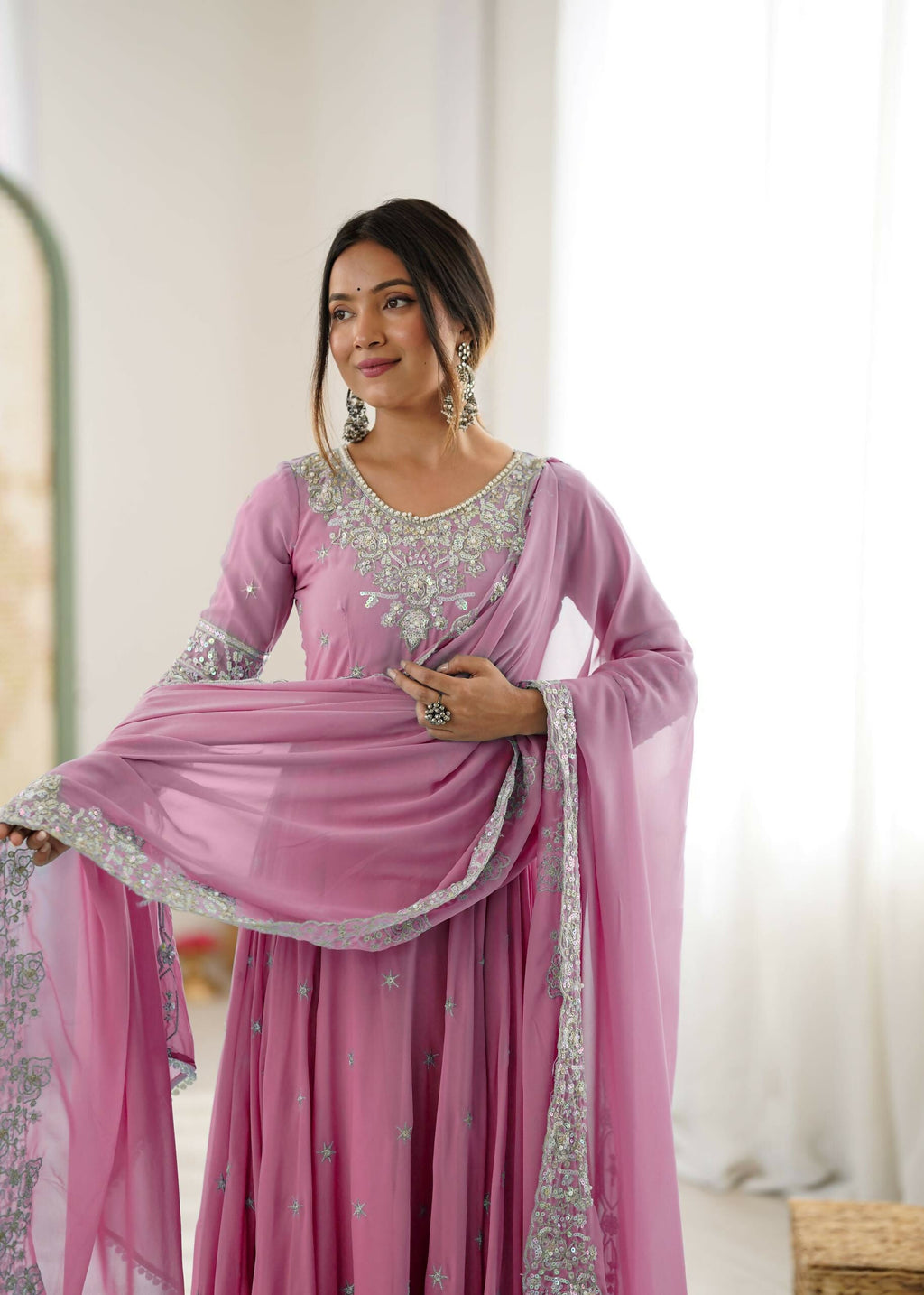 Teeya Creation Baby Pink Color Faux georgette Embroidery Work Wedding Wear Gown - Distacart