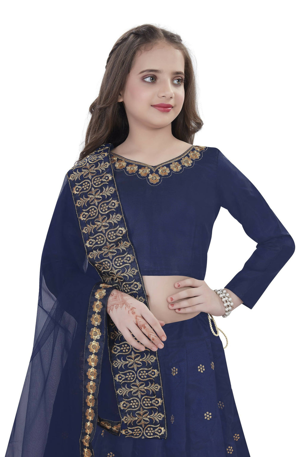 Dwiden Navy Blue Queen Tafetta Sattin Semi-Stitched Girl's Lehenga Choli