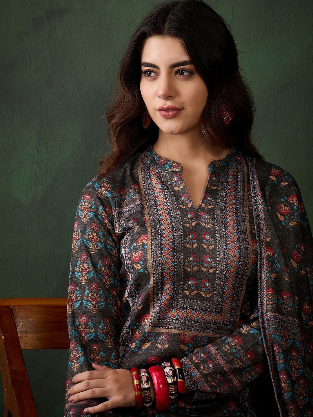 Sangria Self Design Winter Pashmina Straight Kurta & Trouser With Dupatta