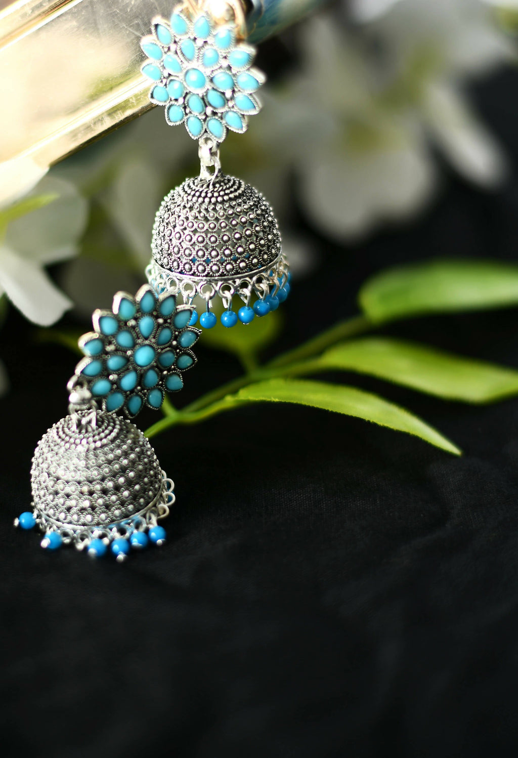 Mominos Fashion Joharkamal Kundan work Jhumka with Sky Blue Beads - Distacart