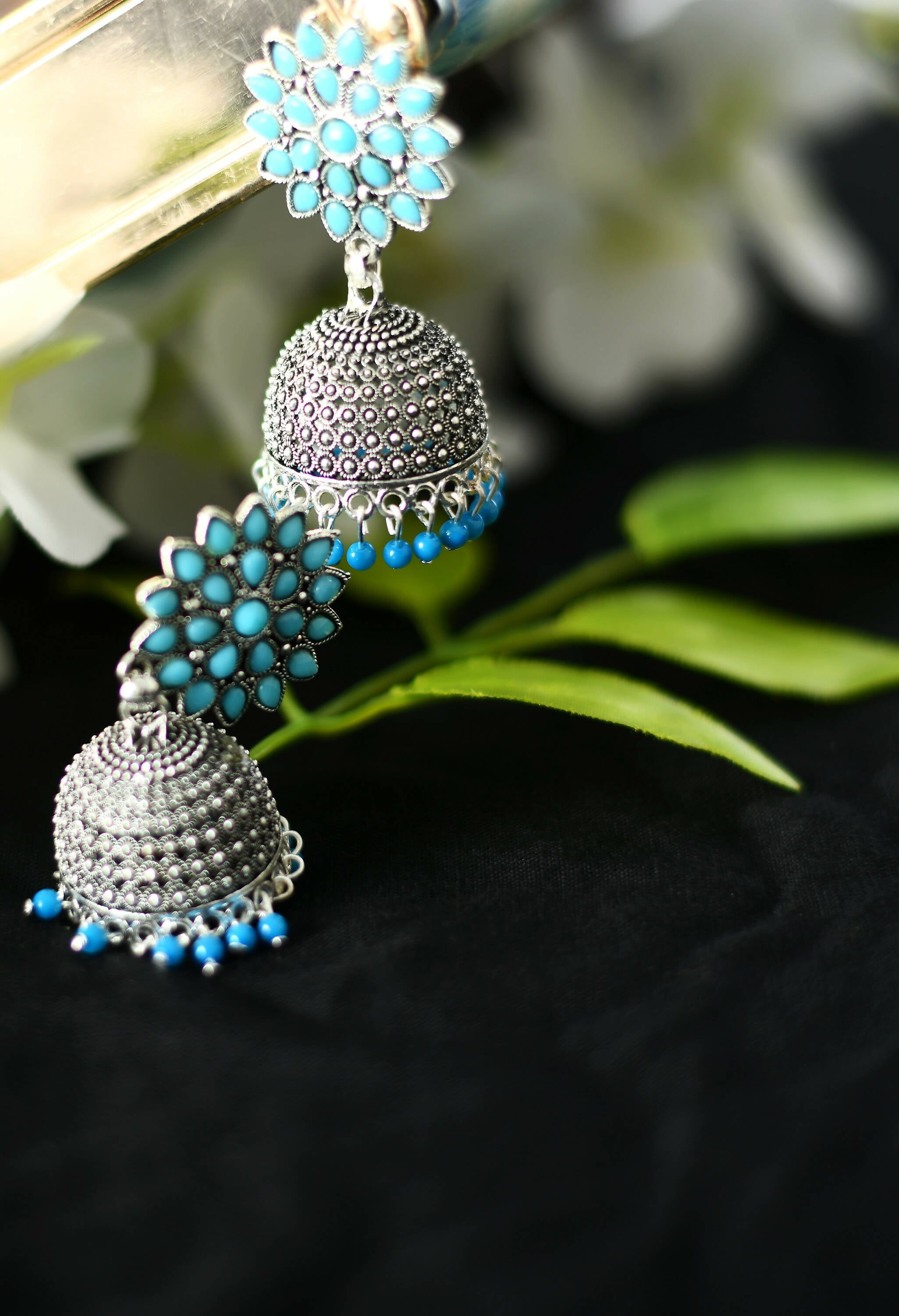 Mominos Fashion Joharkamal Kundan work Jhumka with Sky Blue Beads - Distacart