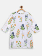 Ahalyaa White Cotton Straight Floral Printed Kids Kurta Pant Sets With Dupatta For Girls