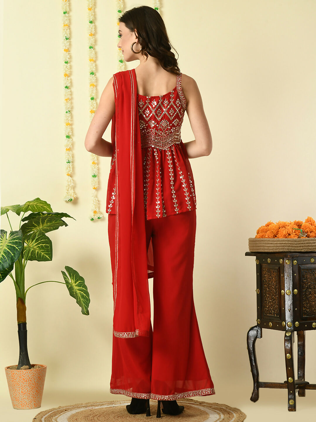 Myshka Women's Red Georgette Top & Palazzos With Dupatta Party Sets