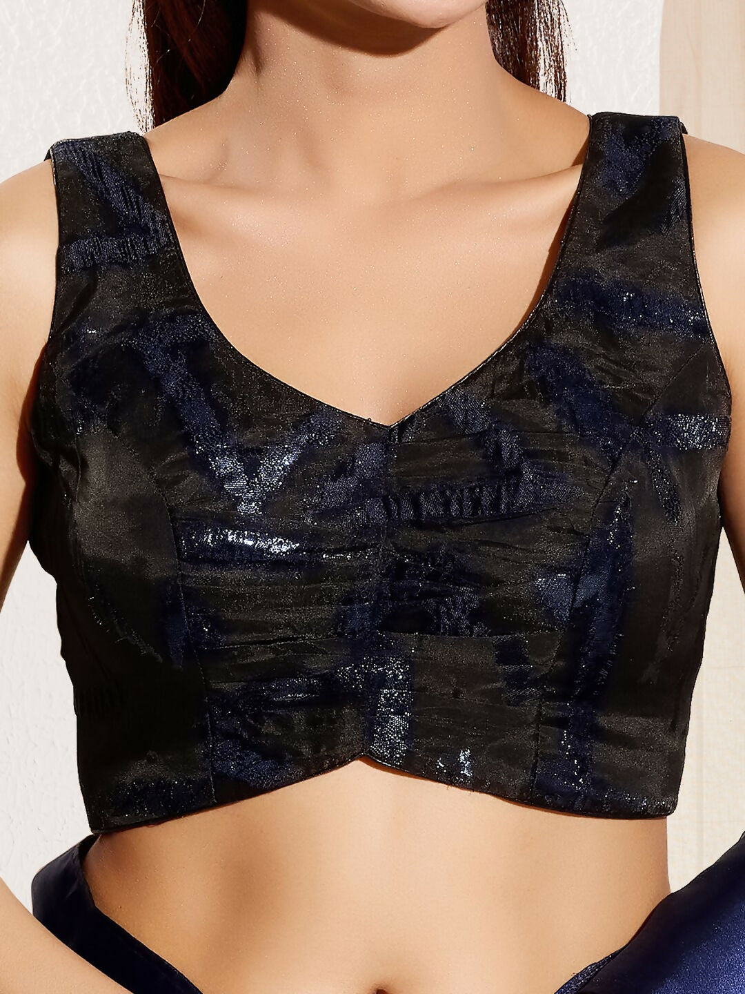 Joban Fashion Navy Blue Organza Padded Blouse With Sweetheart Neck Sleeveless - Distacart