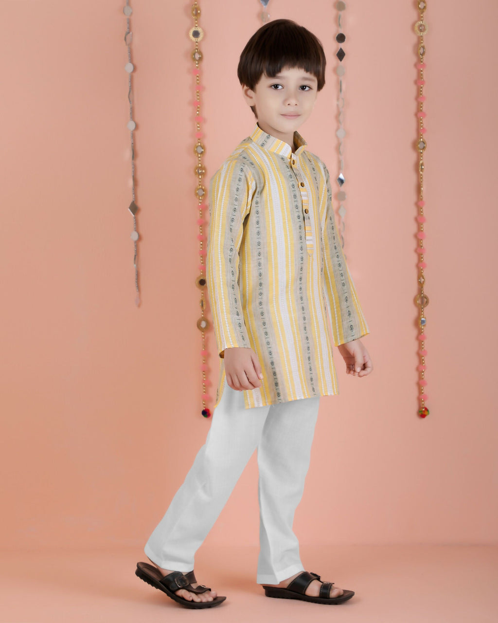 Joban Fashion Kids Island Cotton Full Sleeves Striped Kurta and Pyjama- Yellow - Distacart