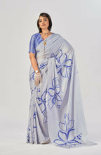 Vastranavya Sea Blue Satin Silk Elegant Printed Saree with Unstitched Blouse - Distacart