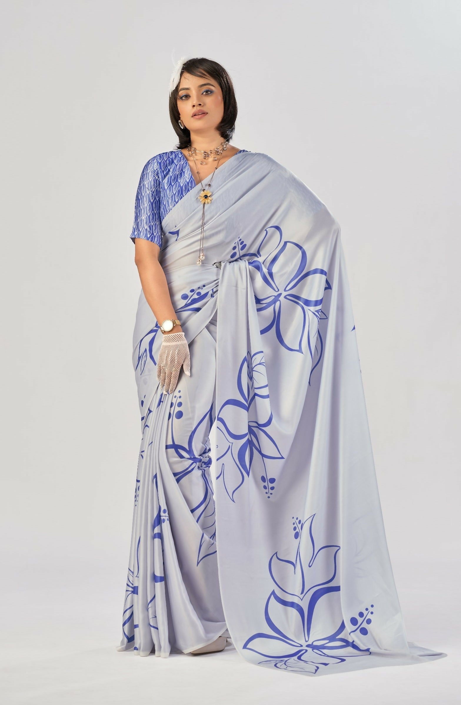 Vastranavya Sea Blue Satin Silk Elegant Printed Saree with Unstitched Blouse - Distacart