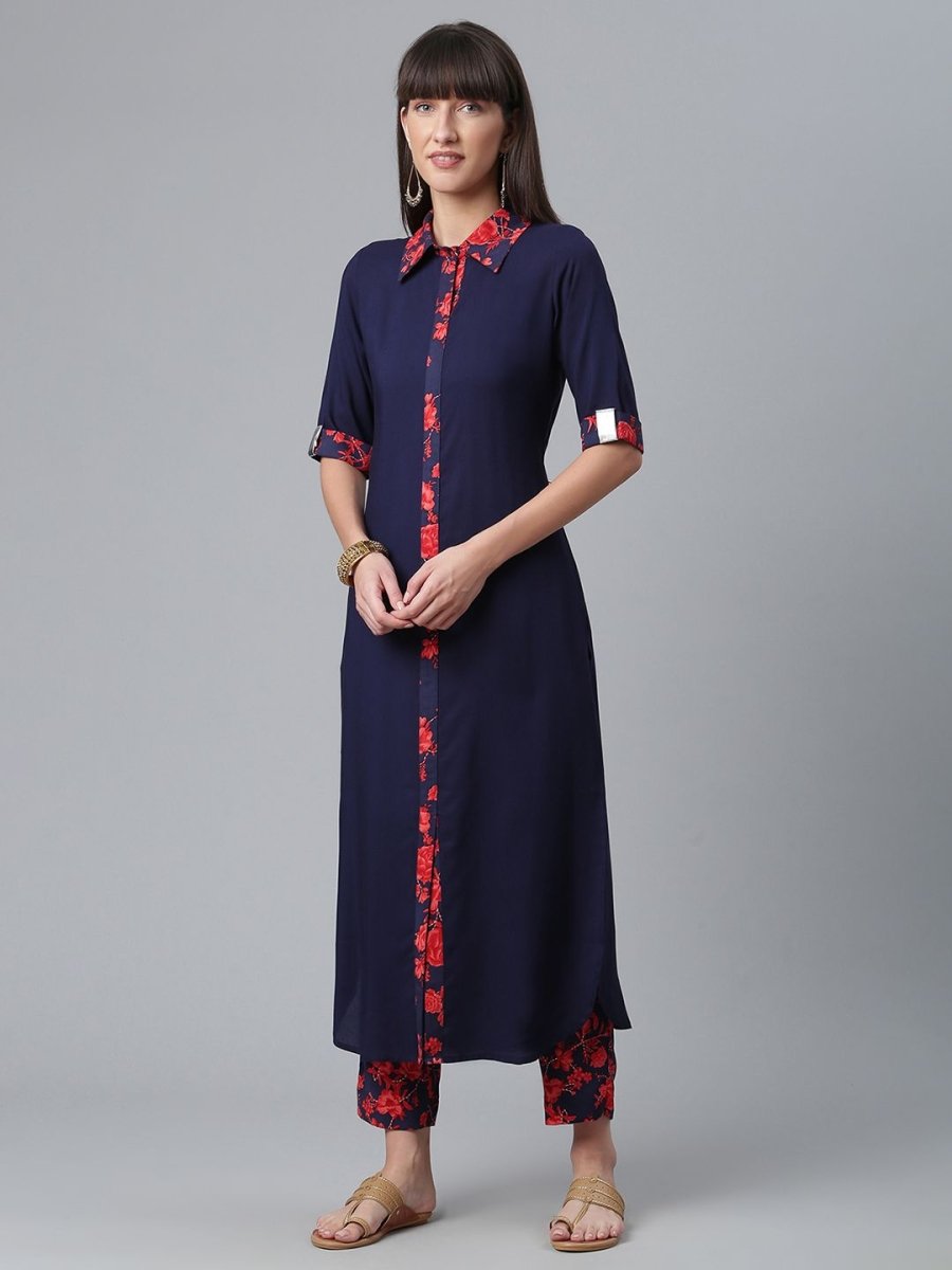 Ahalyaa Navy Blue Solid Rayon Kurta Pant Set