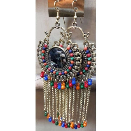 MS Fashion India Long Afghani Chandbali with Multi Color Beads And Stone Alloy Chandbali Earrings