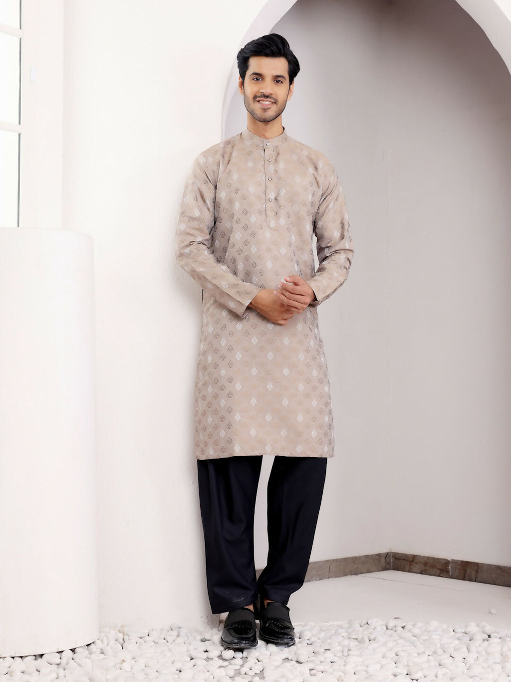 Light Brown Viscose Woven Jacquard Work Men's Kurta - Mahotsav