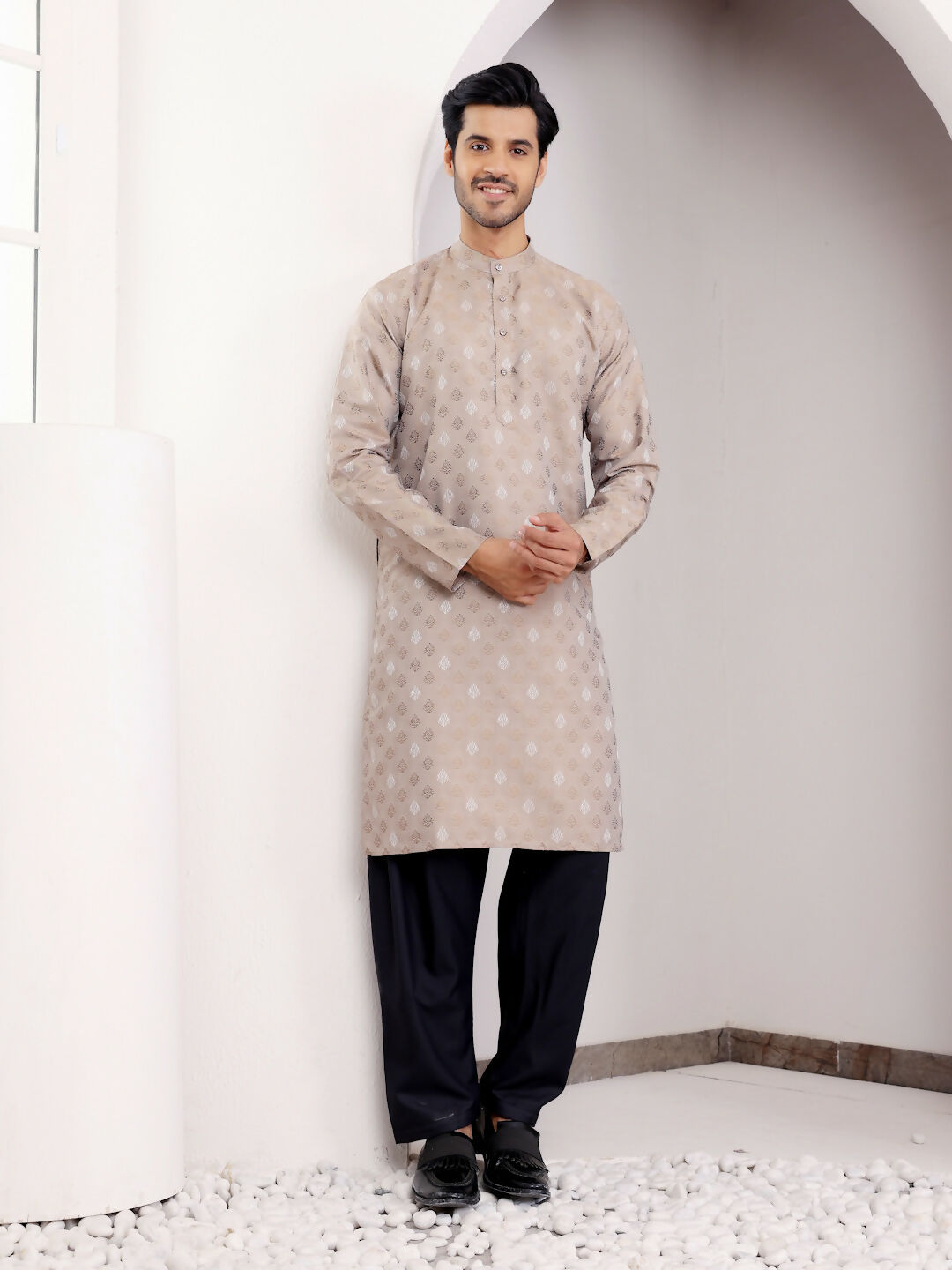 Light Brown Viscose Woven Jacquard Work Men's Kurta - Mahotsav
