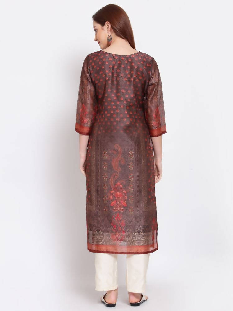 Myshka Women's Multi Printed Chanderi Silk 3/4 Sleeve Round Neck Casual Kurta