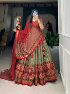 Vastranavya Floral Print With Foil Print Tussar Silk Lehenga with Unstitched Blouse - Mehendi