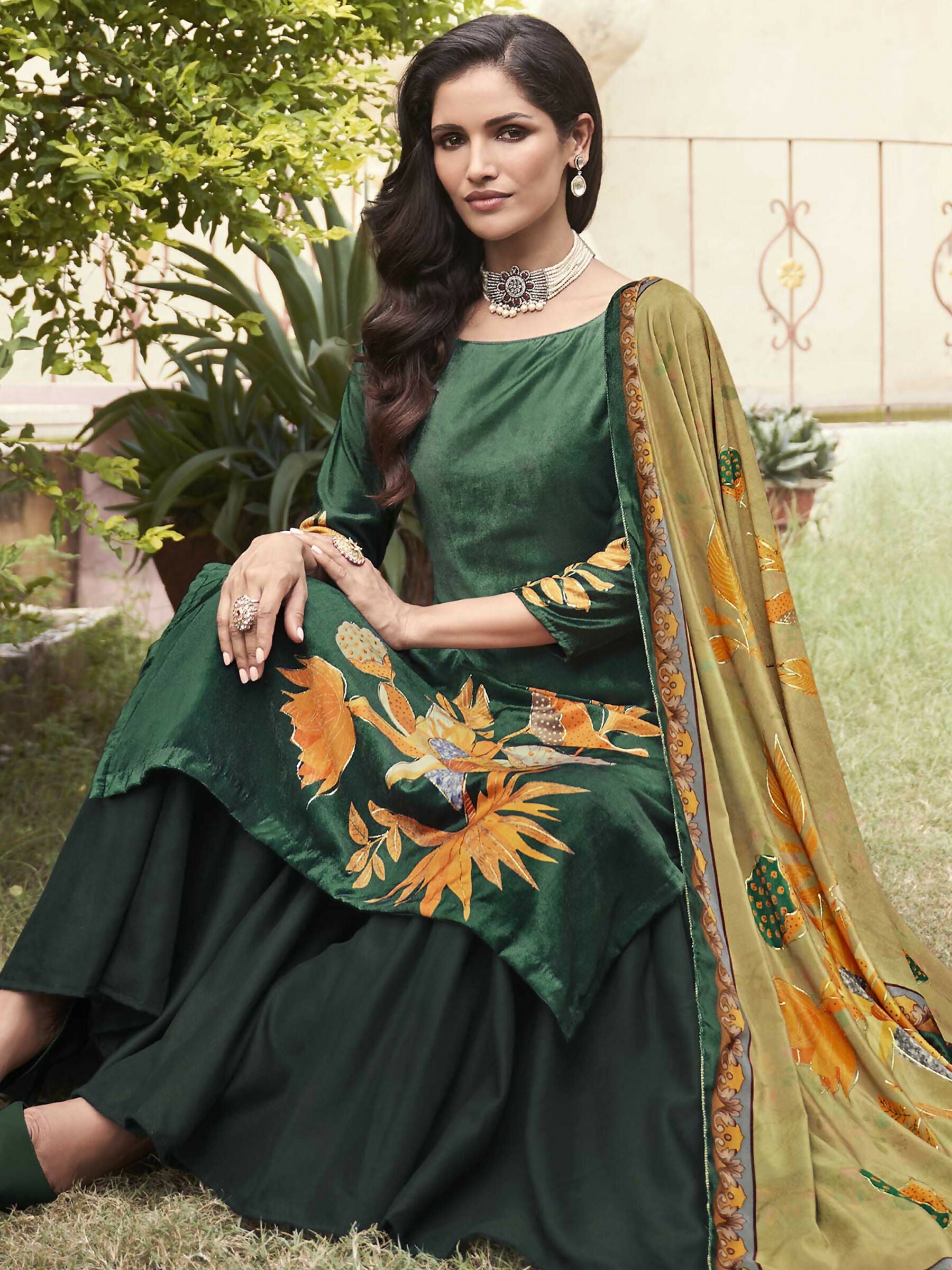 Jyoti Fashion Women's Green Velvet Floral Digital Printed Kurta with Trouser & Dupatta