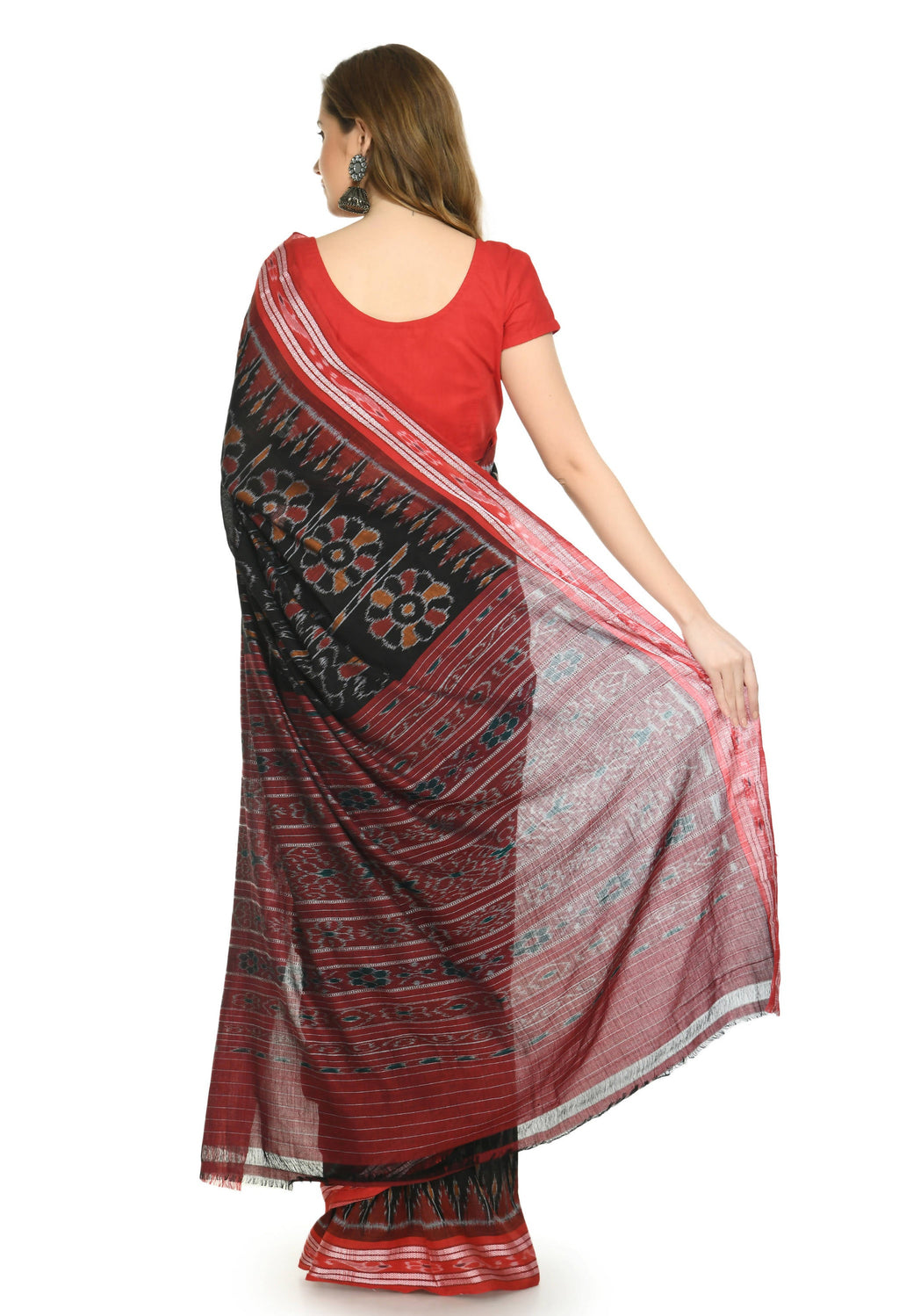 Vamika Sambalpuri Ikat Cotton Dehabandha Tribal Maroon & Orange Saree - Distacart