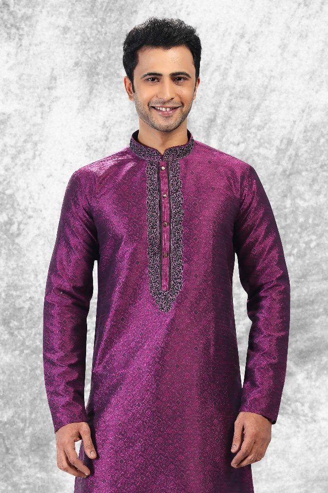 Raivat Ethnic Jacquard Silk Brocade Thread Work Kurta Pajama In Purple Colour