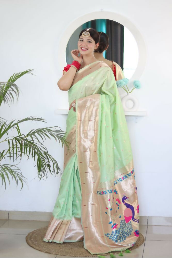 Pista Woven Jacquard Designer Embroidery Work Party Wear Saree - Parampara