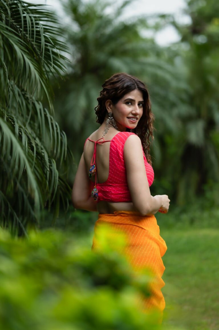 Amodini Designer Studio Women's Coral Chinon Lehriya Sleeveless Blouse