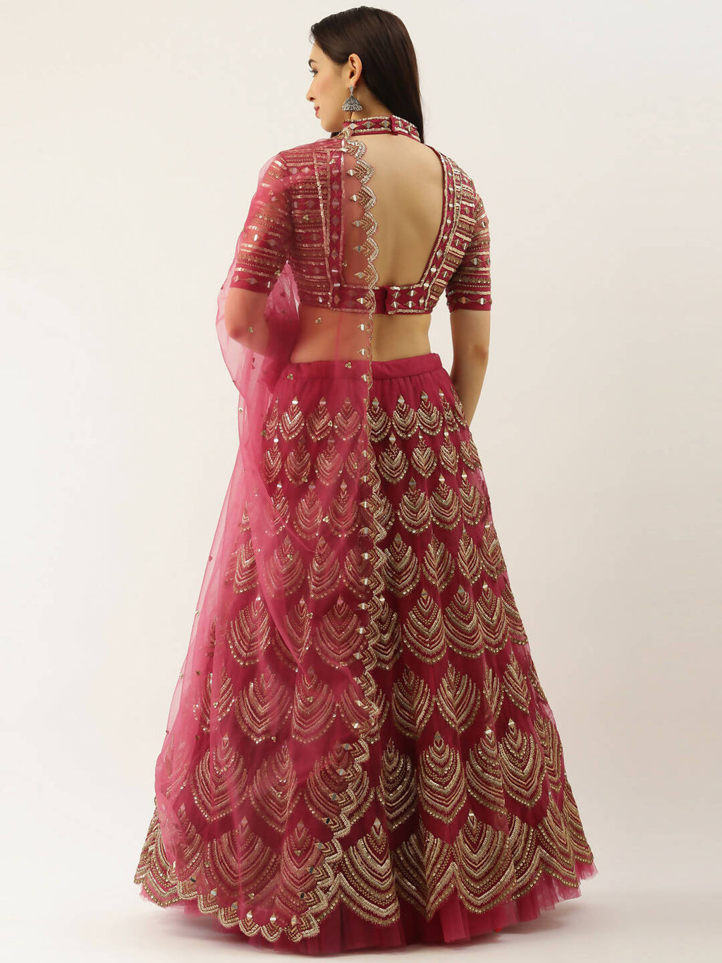 House of Panchhi Women Rosegold Net Embroidered Mirror Lehenga & Blouse with Dupatta