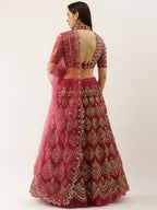 House of Panchhi Women Rosegold Net Embroidered Mirror Lehenga & Blouse with Dupatta
