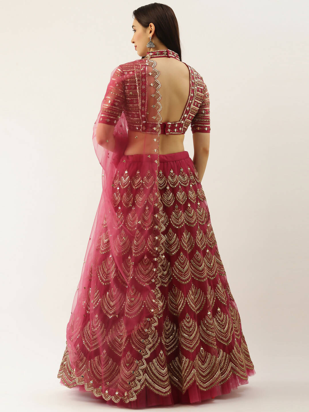 House of Panchhi Women Rosegold Net Embroidered Mirror Lehenga & Blouse with Dupatta