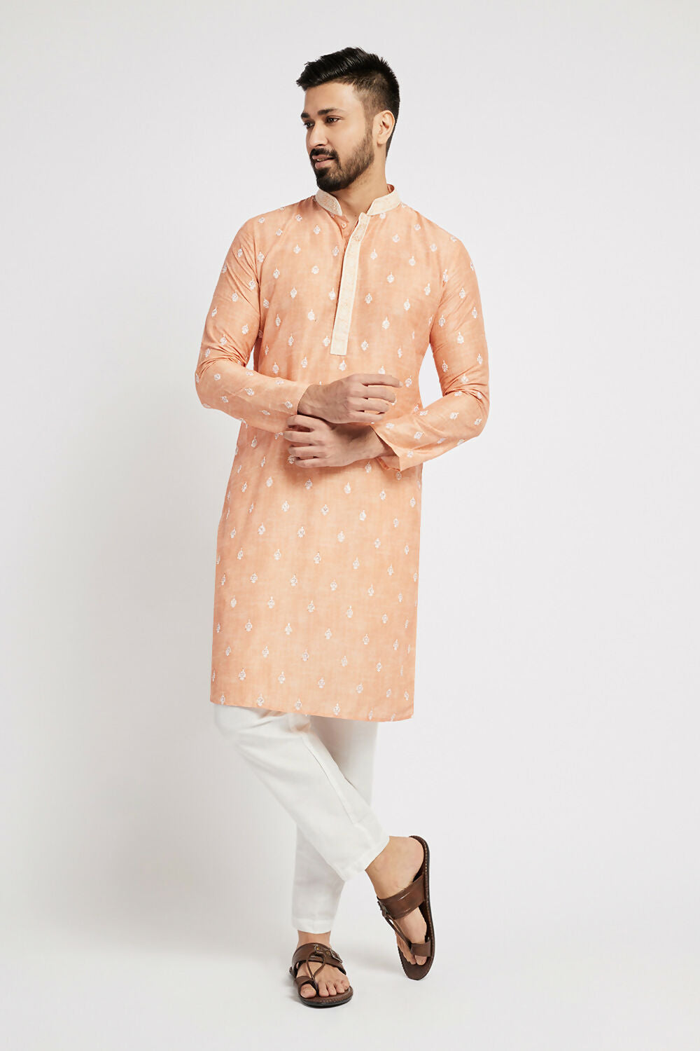 Ethnic India Orange Men's Kurta Ethnic Motifs Polyester