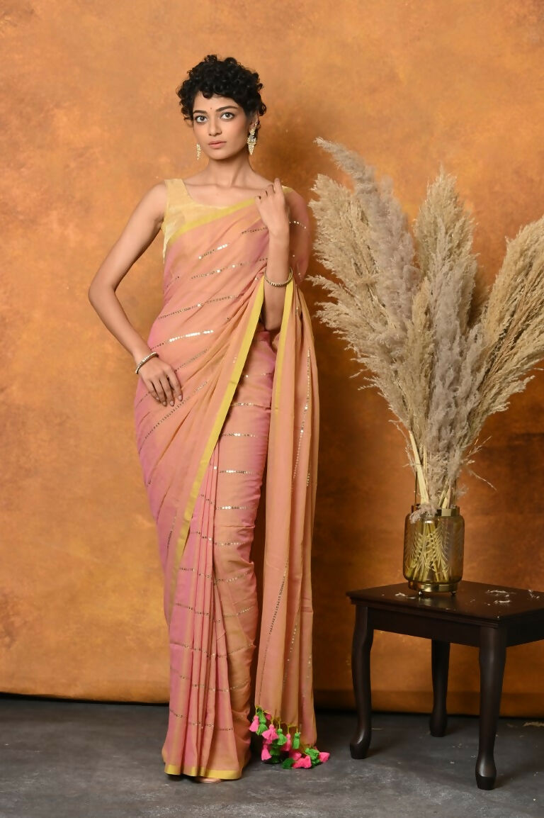 Very Much Indian Designer Mul Cotton Handloom Saree with Sequins - Peach