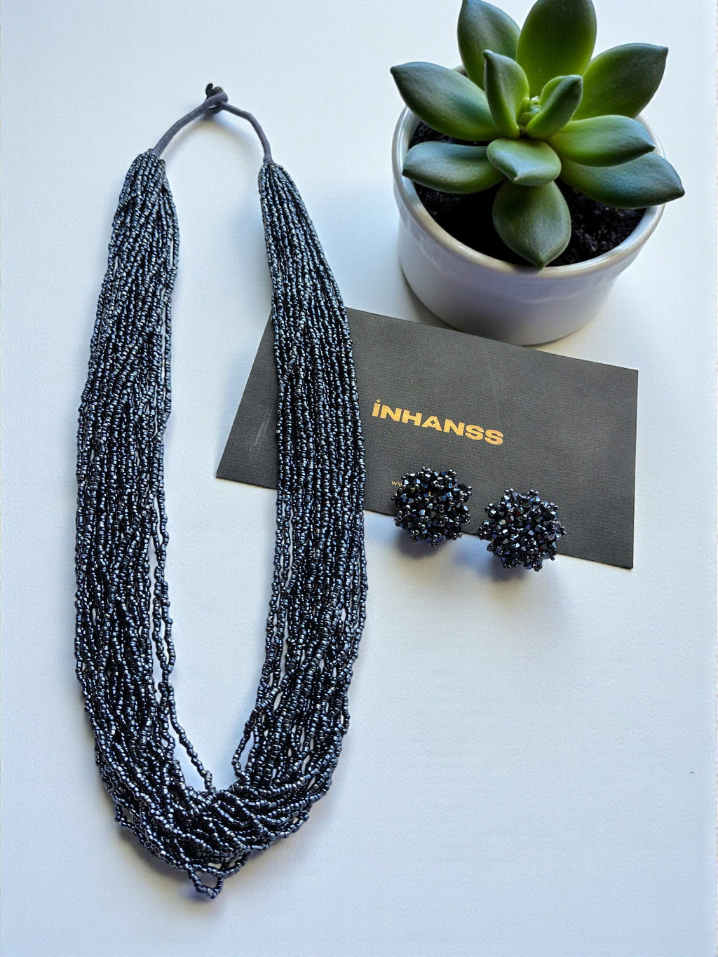 Inhanns Rangsaaz 20-Layer Luxe Long Beaded Necklace (With Optional Statement Earrings) - Navy Blue Long 20 Layer With Earring