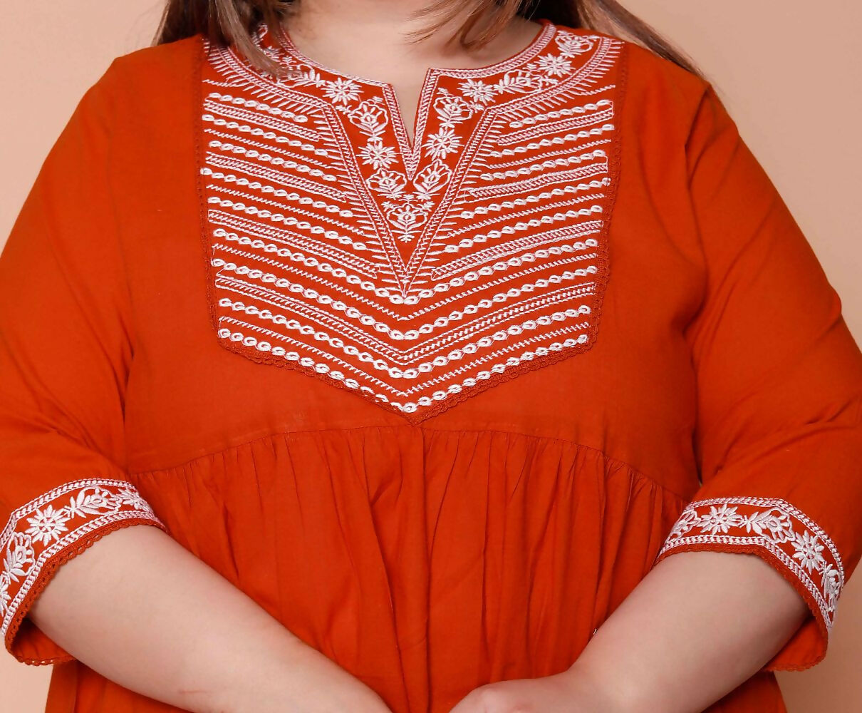 Miravan Womens Plus Size Floral Embroidered Rust Straight Cotton Kurta & Palazzo With Dupatta Set - Distacart